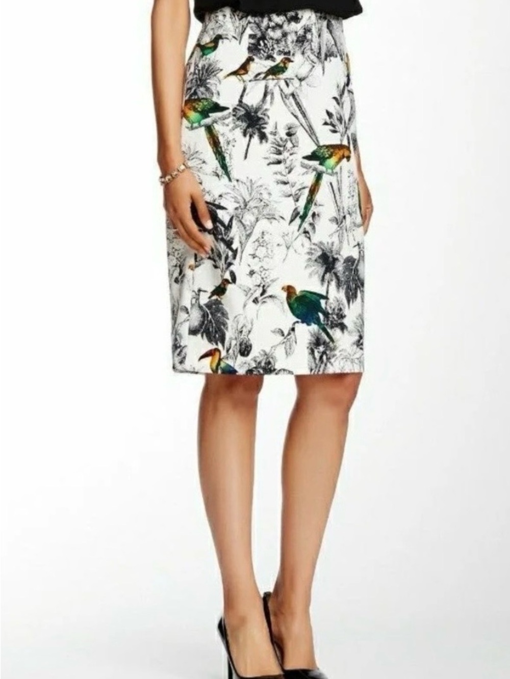 Catherine Malandrino White Pencil Skirt with Colored Parrot Print 10099